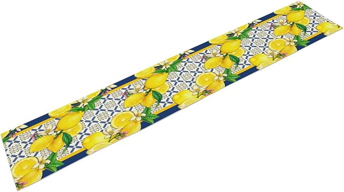 Yellow Lemon Table Runner, Spring Summer Seasonal Blue Tiles Watercolor Lemon Table Runner for Farmhouse Kitchen Indoor Outdoor Party Decor, 13x108inch