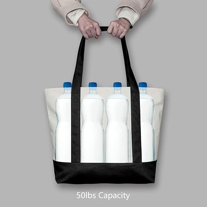 TOPDesign 30-Pack Canvas Tote Bags with an External Pocket, Reusable Grocery Shopping Bags, Top Zipper Closure, Daily Essentials (Black/Natural)