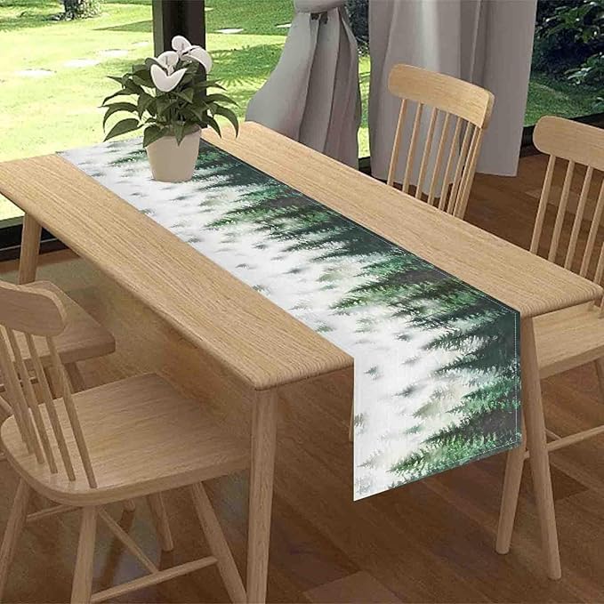 Green Forest Table Runner, Rustic Farmhouse Green Pine Tree Woodland Seasonal Mountain Country Coffee Table Center Decor for Home Kitchen Dining Patio Holiday Party Table Decorations, 13"x90" Inch
