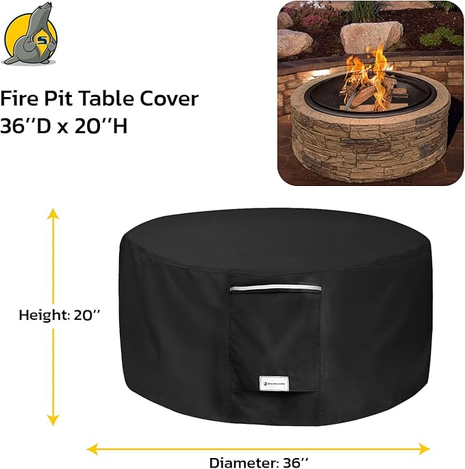 Seal Skin Covers Outdoor Fire Pit Cover – Round 36” Dia X 20”H, Heavy Duty Waterproof Fabric with PVC Coating, Windproof, Tear & Weather Resistant Fire Table Cover for Patio, Black