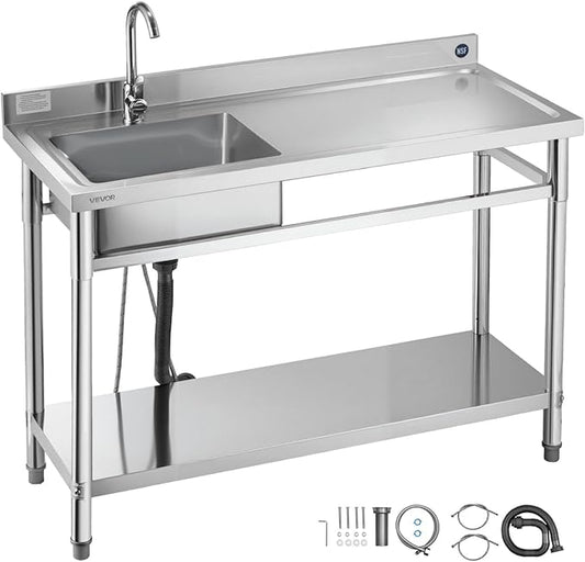 VEVOR Stainless Steel Utility Sink, Free Standing Single Bowl Commercial Kitchen Sink with Faucet, Utility Right Basin Workbench with Hot & Cold Water Pipe for Garage Restaurant Laundry, 47x19.7x37 in