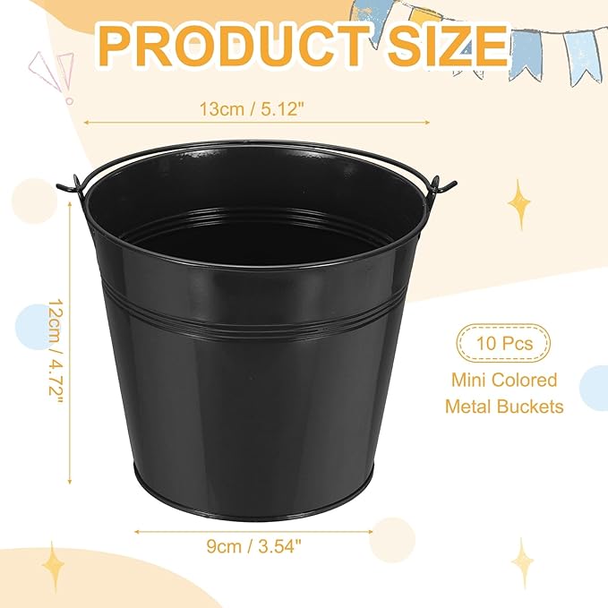 Small Metal Buckets, Mini Buckets with Handle Galvanized Colored Tin Pail Containers Basket Party Supplies - Fit for (Halloween - Classroom Crafts) 5" & 10Pcs & Black
