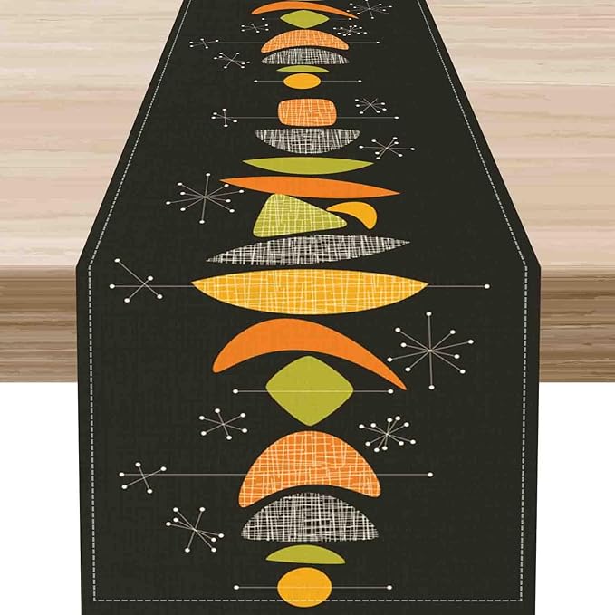 Mid Century Modern Table Runner, Retro 1950s Atomic Modern Abstract Black Orange Coffee Table Center Decor for Home Kitchen Dining Patio Holiday Party Table Decorations, 13"x36" Inch