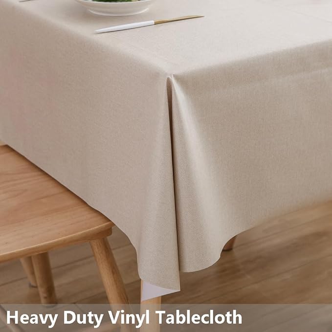 TruDelve Heavy Vinyl Table Cloth Beige Plastic Tablecloths for Rectangle Tables Oilcloth Waterproof Tablecloth Wipeable PVC Table Cover (54'' x 84'', Pure Beige)