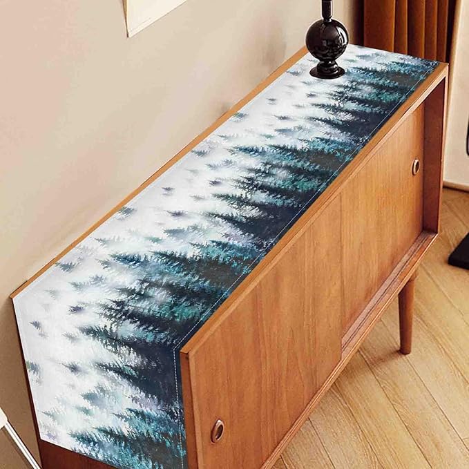Green Forest Table Runner, Rustic Farmhouse Green Pine Tree Woodland Seasonal Mountain Country Coffee Table Center Decor for Home Kitchen Dining Patio Holiday Party Table Decorations, 13"x90" Inch