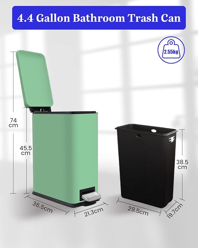 JM.YIPENG Bathroom Trash Can, 16.7L / 4 Gallon Rectangular Trash Can with Lid, Inner Bucket, Step Pedal, Stainless Steel Medium Garbage Can for Kitchen, Living Room, Office, Dorm, Green