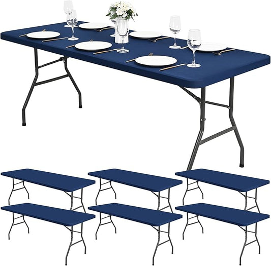 6 Pack Stretch Fabric Table Top Cap Cover, fits 8Ft Tables, Spandex Table Covers Washable Elastic Universal Rectangle Tablecloth Protector for Outdoor Party Picnic Wedding, Navy Blue, 30" W x 96" L