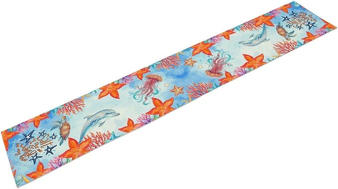 Summer Ocean Table Runner, Blue Sea Coastal Nautical Starfish Turtle Dolphin Seashell Undersea Table Runner Seasonal Holiday Home Kitchen Dining Table for Home Party Decor 13"x108"