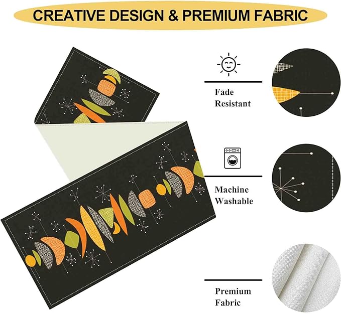 Mid Century Modern Table Runner, Retro 1950s Atomic Modern Abstract Black Orange Coffee Table Center Decor for Home Kitchen Dining Patio Holiday Party Table Decorations, 13"x36" Inch