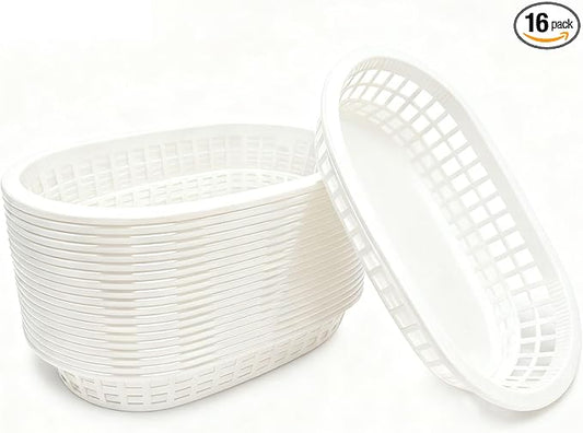 Fast Food Baskets 16-Pack, 10 x 6 Inch Plastic Oval Serving Baskets for Burgers,Bread, Fries & Sandwiches, Restaurant Diner Cafeteria Food Truck Party Use, Reusable&Stackable(White)