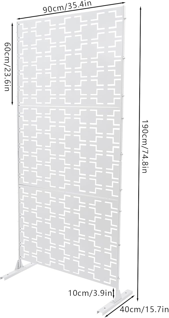 75" H×35" W Decorative Outdoor Privacy Screen with Stand, Outdoor Decor Privacy Fence Screen Metal Fence Panels, Free Standing Metal Divider for Patio Lawn Deck (White-Rectangular)