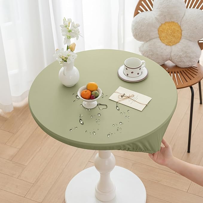 Round Fitted PU Tablecloth with High Elastic Edge 43 Inch Dia Waterproof Oil Proof Table Cloth Anti-Scald Stain-Resistant Wipeable Table Cover for Indoor Outdoor Picnic (Green,43" Dia)