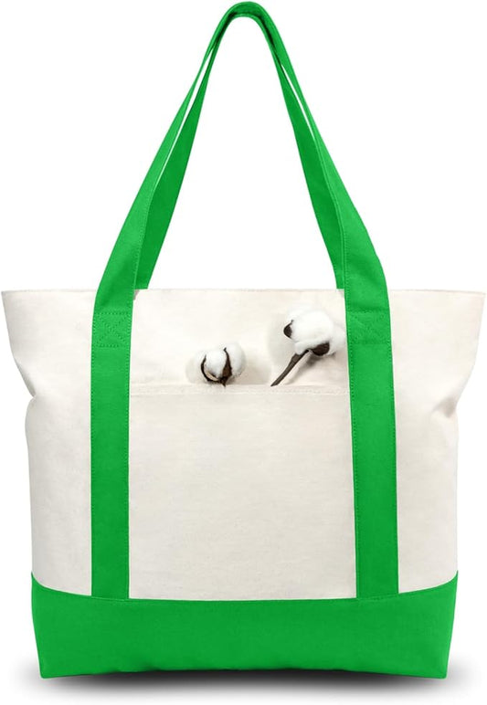 TOPDesign 3-Pack Canvas Tote Bags with an External Pocket, Reusable Grocery Shopping Bags, Top Zipper Closure, Daily Essentials (Lime Green/Natural)