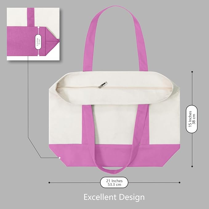 TOPDesign 3-Pack Canvas Tote Bags with an External Pocket, Reusable Grocery Shopping Bags, Top Zipper Closure, Daily Essentials (Light Purple/Natural)