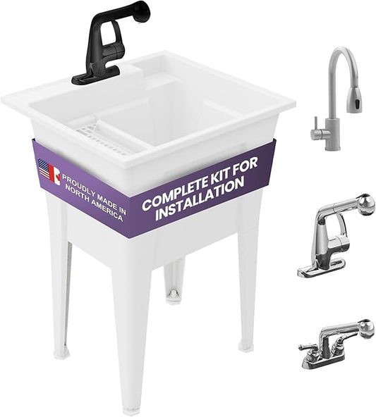 Freestanding Utility Sink with One Handle Black Faucet - 24" Plastic Utility Sink for Garage, Laundry, Indoor and Oudoor Use - Laundry Tub Kit by Noah William Home - White (19.5 gal)