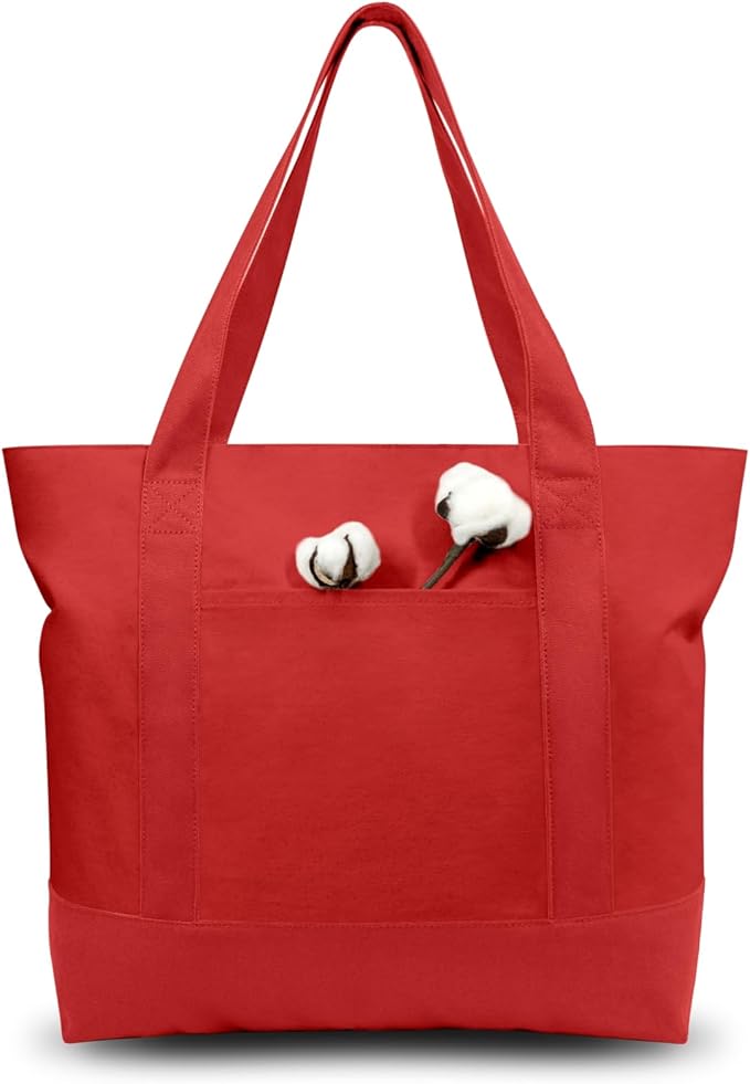 TOPDesign 3-Pack Canvas Tote Bags with an External Pocket, Reusable Grocery Shopping Bags, Top Zipper Closure, Daily Essentials (Red)