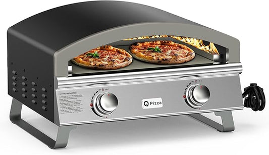 Outdoor 2-Burner Gas Pizza Oven, 25" Large Capacity Pizza Maker, Versatile Grill Stove with 19" Baking Stone for Steak Meat Seafood, OuPropane Grill Oven for Cooking