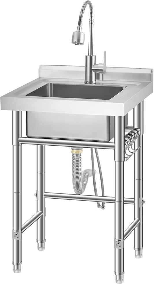 Stainless Steel Utility Sink, Free Standing Single Bowl Kitchen Sink, Adjustable Leg Height, with Faucet, Hot and Cold Water Pipes, Commercial Laundry Tub, Hook for Indoor Outdoor Farmhouse Use