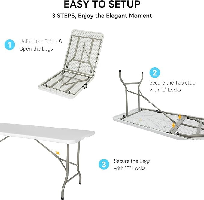 30 Pack of 6 Foot Foldable Table with Built in Handle & Steel Legs ,Heavy Duty Portable ,Perfect for Party, Dining, Wedding, Events, Picnic Indoor, Outdoor, Camping, Utility, Folding(white-30pac)