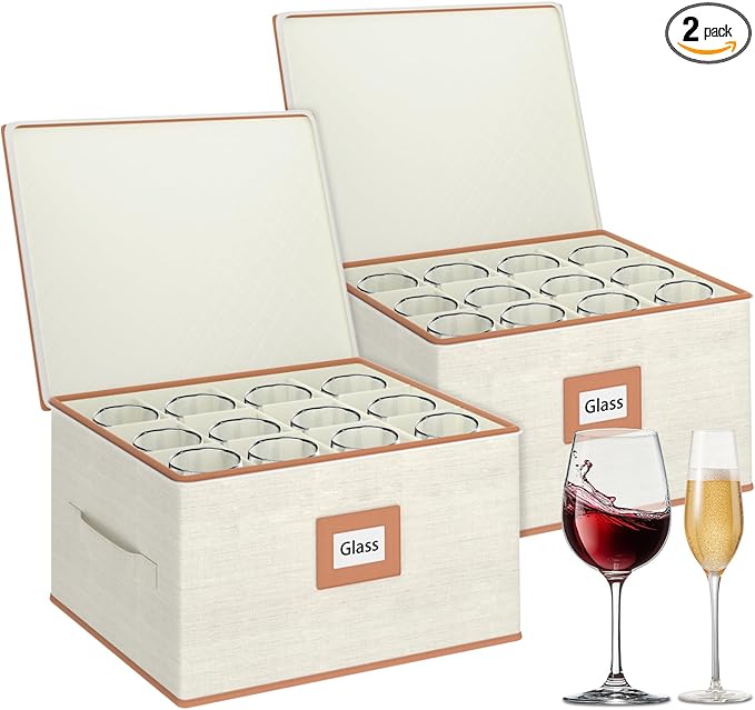 Aokeyee Wine Glass Storage Box Containers with Dividers - 2 Pack Stemware Storage Cases for 24 Crystal Glasses, Drinkware, Hard Shell for Moving & Protection(17'' x 12.8'' x 10.25'', Ivory)