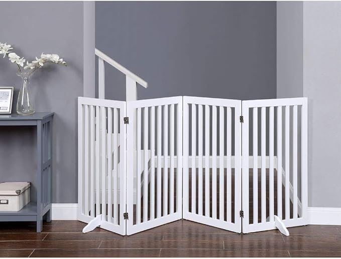 unipaws 36”H Free Standing Pet Gate for Dog Cat, Tall Wooden Dog Gates for Doorway, Stairs, Foldable Pet Fence for The House, Expandable Barrier, Indoor Use, White