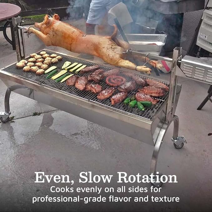 Ash & Ember 13W Stainless Steel Rotisserie Grill, Rated 85 LB for Medium Game, 4 RPM Rotation Speed, Outdoor Grill with Dual Prong Spit Rod, Single Leg Bracket, and Spine Fork