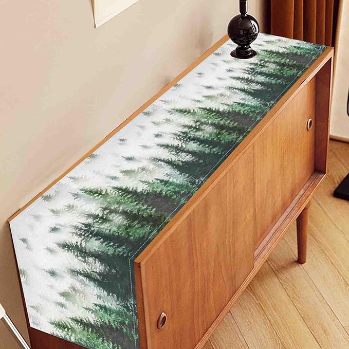 Green Forest Table Runner, Rustic Farmhouse Green Pine Tree Woodland Seasonal Mountain Country Coffee Table Center Decor for Home Kitchen Dining Patio Holiday Party Table Decorations, 13"x36" Inch