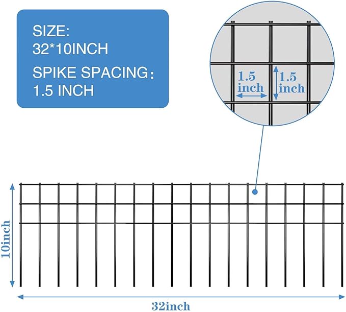 32x10-inch No Dig Animal Barrier Fence, 5 Pack Black Dig Protective Fence with 1.5 inch Spike spacing, Dog/Rabbit/Groundhog Underground Galvanized Outdoor Garden Metal Fence
