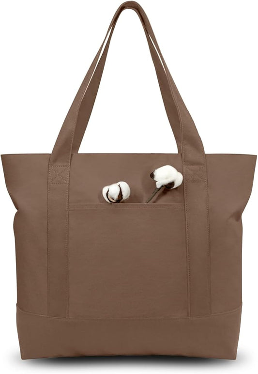TOPDesign 6-Pack Canvas Tote Bags with an External Pocket, Reusable Grocery Shopping Bags, Top Zipper Closure, Daily Essentials (Brown)