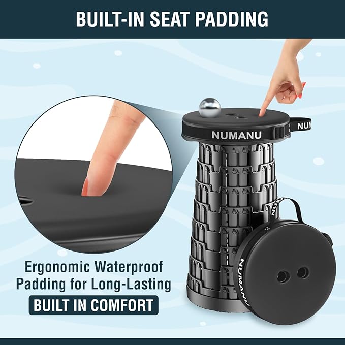 NUMANU 2PK 2025 Upgraded Padded Collapsible Stool, Max 620lb 18" Adjustable Portable Folding Stool for Adults, Retractable Foldable Telescopic Seat Camping Chair or Footrest (2PK Padded + Accessories)