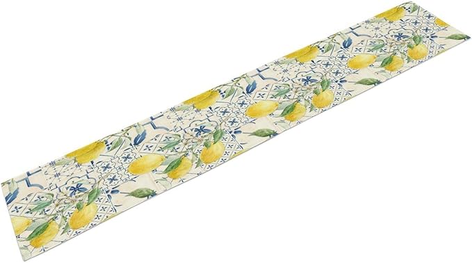 Vintage Lemon Table Runner, Watercolor Yellow Lemons Blue Tiles Spring Summer Seasonal Kitchen Dining Table Decoration for Indoor Outdoor Party, 13x120inch