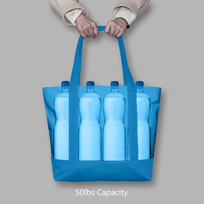 TOPDesign 1-Pack Canvas Tote Bag with an External Pocket, Reusable Grocery Shopping Bag, Top Zipper Closure, Daily Essentials (Ocean Blue)