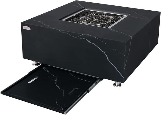 Elementi+ | Bianco Gas Fire Pit | Marble Porcelain & Metal Frame | 40" Square Fire Table | Electronic Ignition | Canvas Cover, Fire Glass & Burner Lid Included | White | Propane Gas