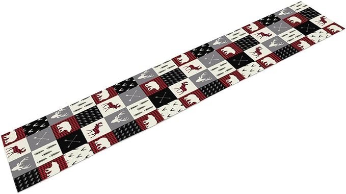 Farmhouse Bear Deer Table Runner, Retro Rustic Village Buffalo Plaid Table Runner for Coffee Table Dining Room Table Bedroom Party Holiday 13x70in