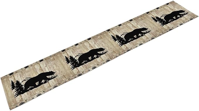 Bear Table Runner, Wild Animals Rustic Cabin Forest Bear Print Wooden Board Table Runner for Dining Kitchen Home 13x120in