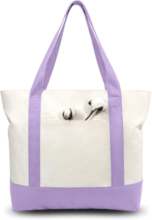 TOPDesign 1-Pack Canvas Tote Bag with an External Pocket, Reusable Grocery Shopping Bag, Top Zipper Closure, Daily Essentials (Lavender/Natural)