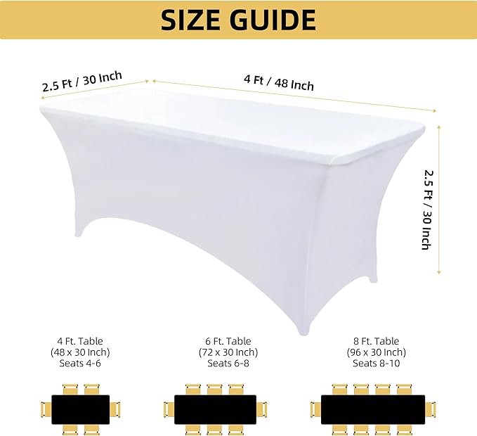 10-Pack 4ft White Spandex Table Covers for Rectangular Folding Tables - Wrinkle Resistant Stretch Tight Table Cloths - Fitted Table Protector for Parties, Trade Shows, Banquet, and Wedding