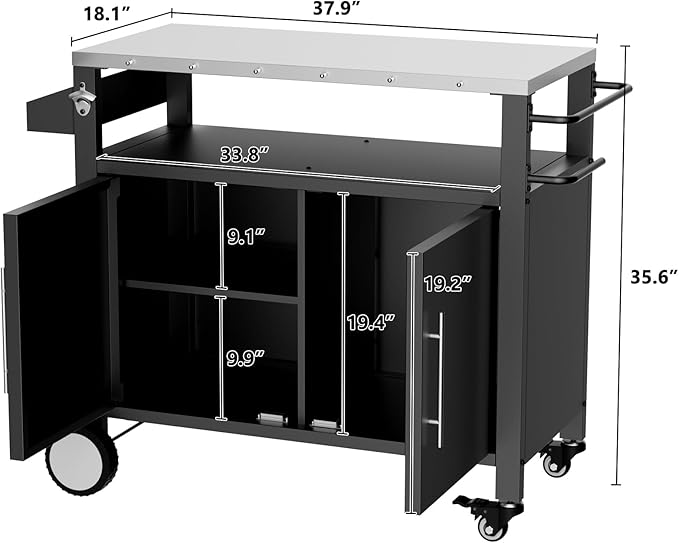 Outdoor Grill Cart with Patio Furniture, Outdoor Grill Table with Storage,Rolling Bar Cart Outdoor BBQ Cart with Hooks and Spice Rack for Grilling Accessories(Double Door, Black)