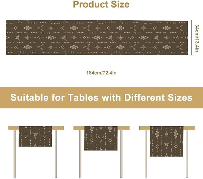 Western Cow Skull Table Runner,Vintage Boho Aztec Cow Ethnic Pattern Printed Table Runner for Home Kitchen Dining Farmhouse Coffee 13x70in