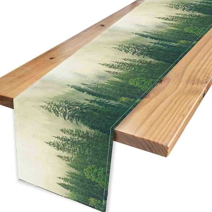Forest Table Runner, Rustic Farmhouse Misty Pine Tree Woodland Jungle Mountain Country Coffee Table Center Decor for Kitchen Dining Patio Holiday Party Indoor Outdoor Table Decorations, 13"x90" Inch