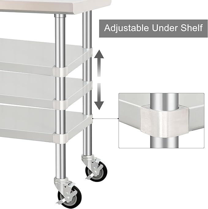 HARDURA Stainless Steel Table with Wheels 24 x 48 Inches Kitchen Prep Table Heavy Duty Stainless Steel Workbench with Aluminium Corner Undershelf NSF 304 Metel Table for Commercial Restaurant