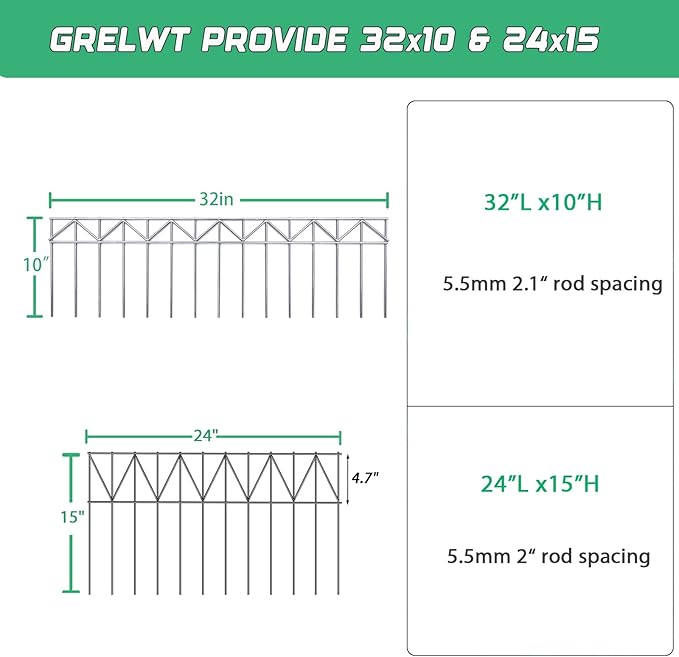 10 Pack 32" L x 10" H Animal Barrier Fence, No Dig Fence Patented Product, 5.5mm Galvanized Stakes with 2.1" Spacing, Anti Digging for Dogs Outdoor Yard Patio, Total 26.6Ft(L) X 10in(H) Silver