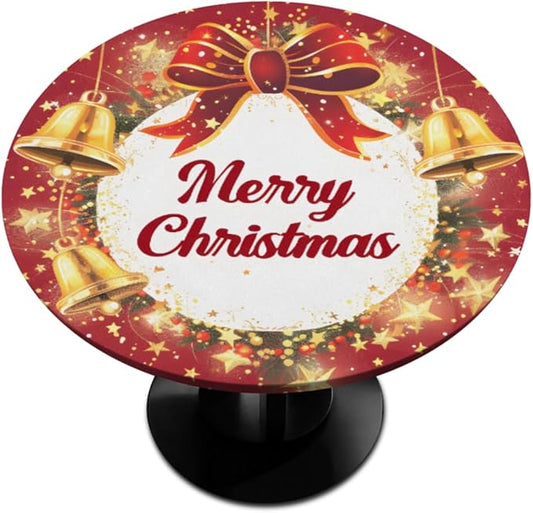 Merry Christmas Bell Bow Round Table Cloth Cover, Elastic Edge Waterproof Wipeable Tablecloths 45"-56" Polyester Tablecloth for Party Restaurant Banquet Holiday Camping Outdoor Picnic