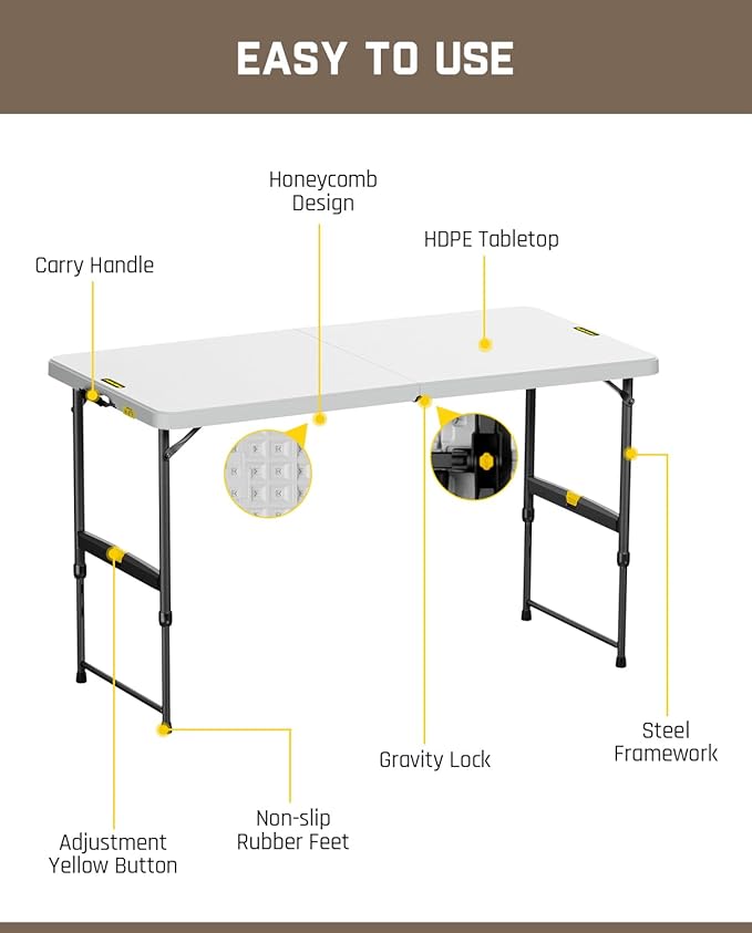 FanttikOutdoor 4ft Portable Folding Table, One-Handed Height Adjustment, 4 Heights, Gravity Lock, Carry Handle, Indoor Outdoor Heavy Duty Fold-in-Half Utility Table, Party, 2-Pack, White Zeta X4 Pro