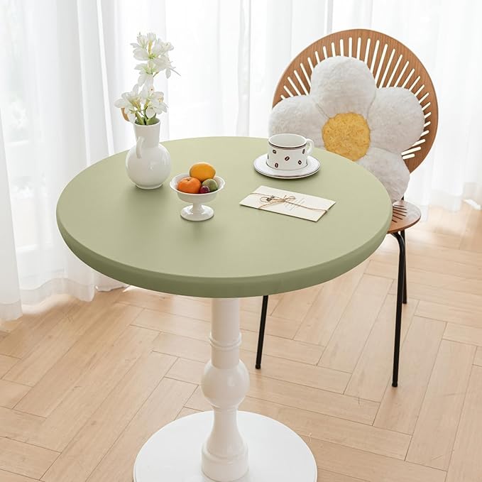 Round Fitted PU Tablecloth with High Elastic Edge 43 Inch Dia Waterproof Oil Proof Table Cloth Anti-Scald Stain-Resistant Wipeable Table Cover for Indoor Outdoor Picnic (Green,43" Dia)