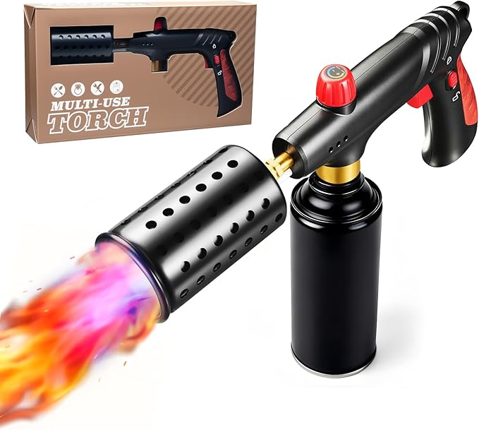 Propane Torch, Cooking Blow Torch Gun with Safety Lock, Charcoal Lighter, Flame Thrower, Kitchen Food Torch Head for Grill, Sous Vide, BBQ (Tank Not Included) (Peach wood)