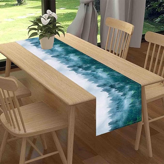 Forest Table Runner, Rustic Farmhouse Misty Pine Tree Woodland Mountain Country Coffee Table Center Decor for Home Kitchen Dining Patio Holiday Party Indoor Outdoor Table Decorations, 13"x90" Inch