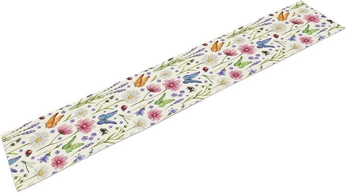Flower Floral Table Runner, Butterfly Wildflowers Daisy Spring Summer Rustic Table Runner for Farmhouse Holiday Kitchen Dining Outdoor Home Party 13x120in
