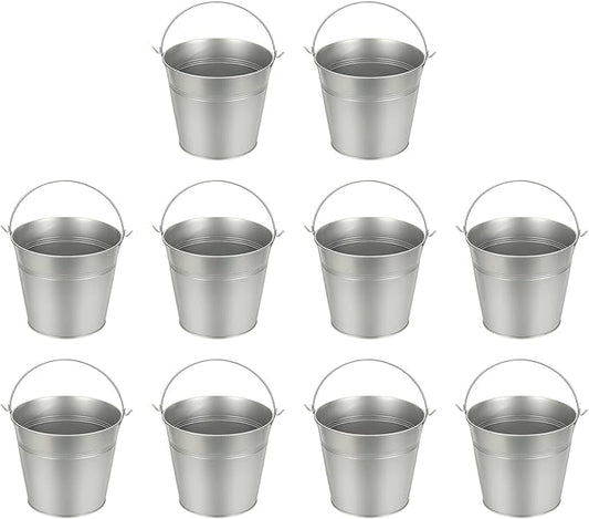 Small Metal Buckets, Mini Buckets with Handle Galvanized Colored Tin Pail Containers Basket Party Supplies - Fit for (Halloween - Classroom Crafts) 5" & 10Pcs & Silver