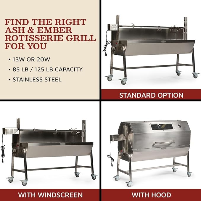 Ash & Ember 25W Stainless Steel BBQ Rotisserie Grill, 4 RPM Rotation Speed, Rated 125 LB for Large Game, Portable Electric Outdoor Roaster with Dual Prongs, Single Leg Bracket, and Spine Fork